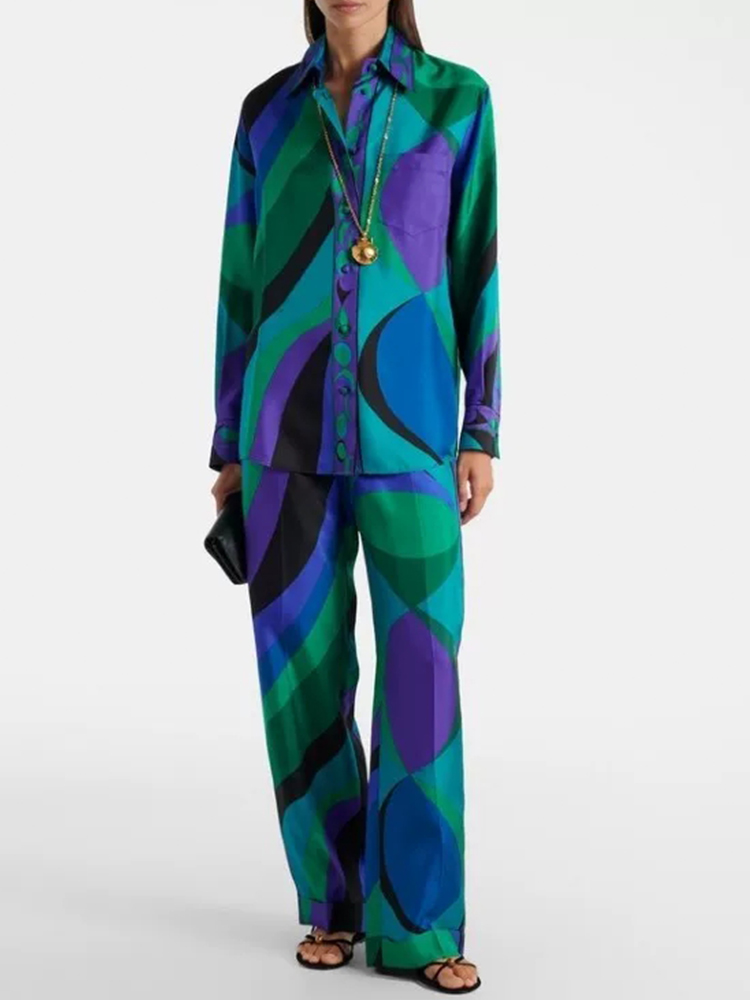 Silk Blouse - Retro geometric print lapel straight tube