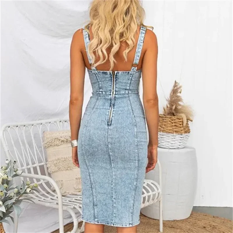 Vintage Slim Fit Denim Wrap Hi - Midi Dress review and price