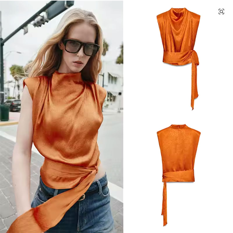 Satin Shawl Collar Sleeveless  - Silk Blouse review and price