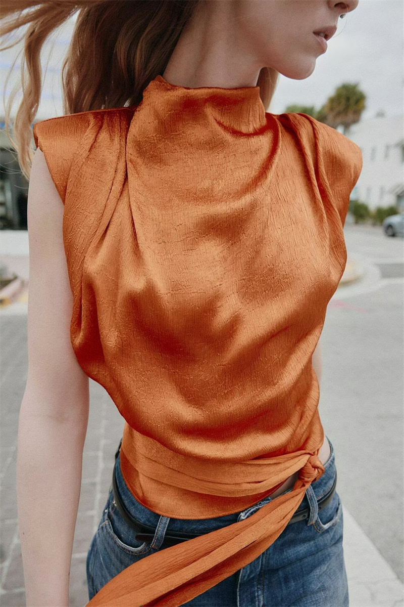 Satin Shawl Collar Sleeveless  - Silk Blouse review and price