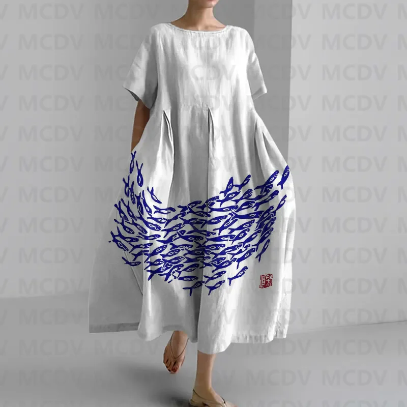 Japanese Vintage Fish Art Prin - Midi Dress review and price
