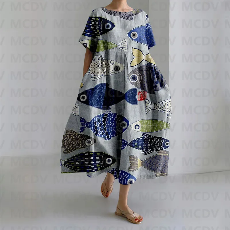 Japanese Vintage Fish Art Prin - Midi Dress review and price